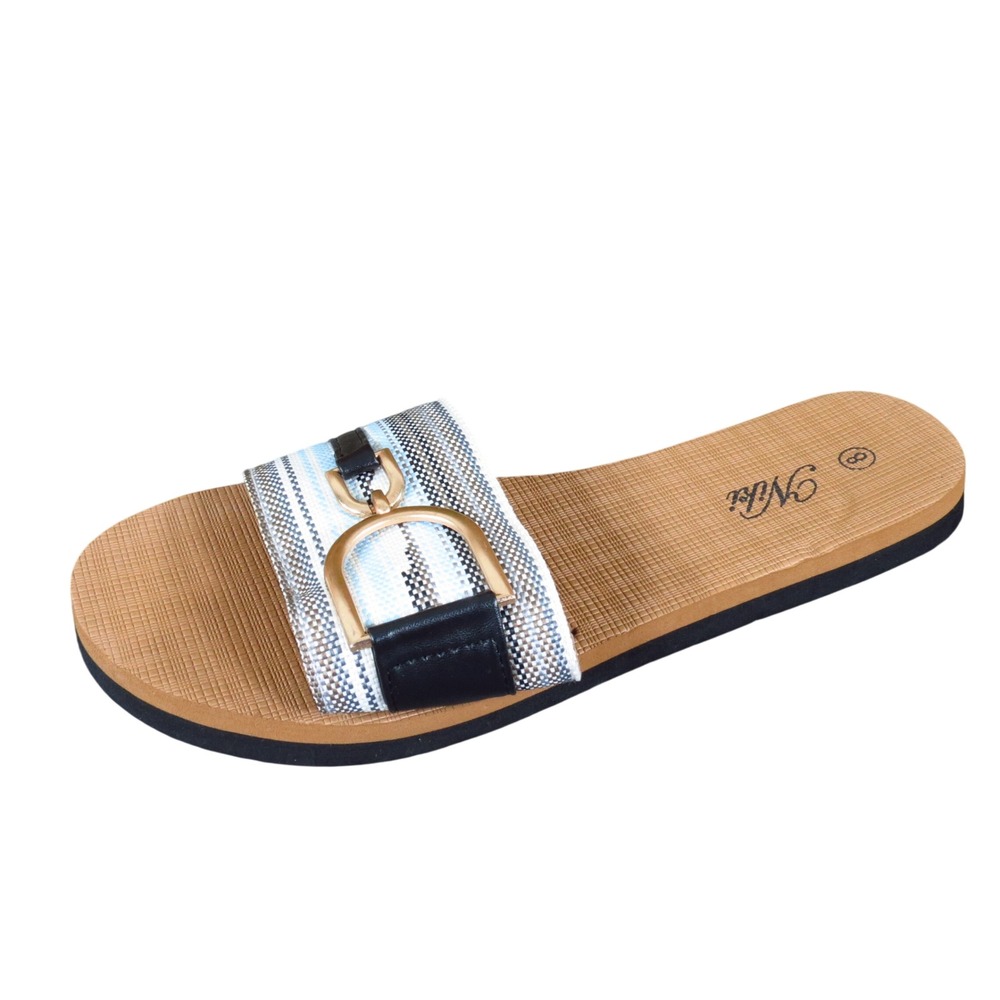 Niki Horsebit Women's Slide Sandals Size 8 Beach Pool Tan Black Multi Fabric